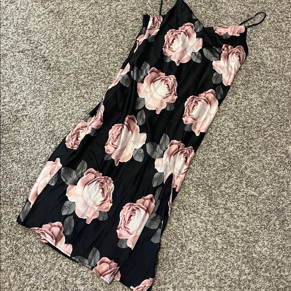 Midi Dress - Black with pink white rose silk feel 100% polyester deep slit